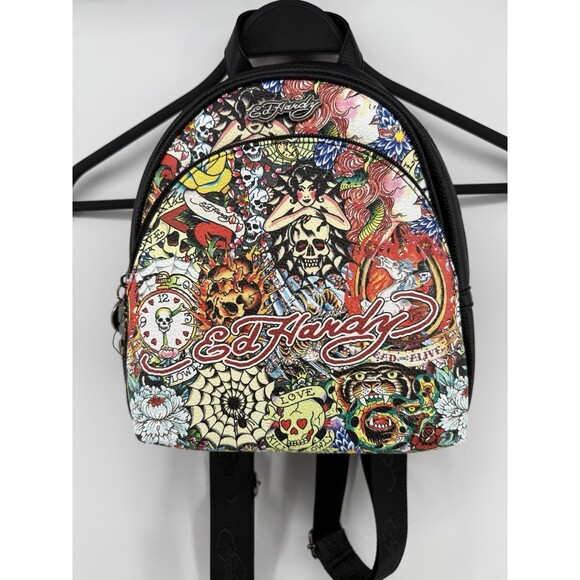 NEW ED HARDY Cara Black Tattoo Print Mini Vegan Backpack Adjustable Travel Bag - Picture 1 of 4